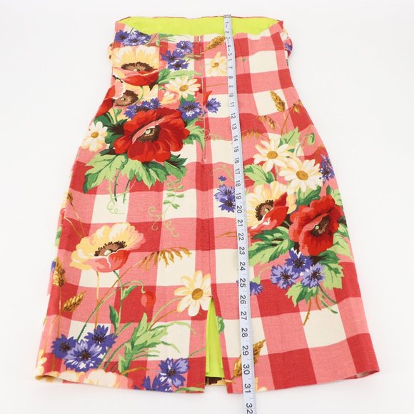 SOLD - Vintage Mica Red Gingham Floral Strapless Mini Dress Cotton/Linen/Silk - Picture 13 of 15